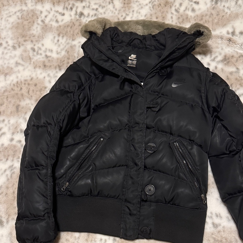 Nike Black Quilted Jacket with Fur Trim